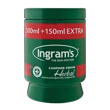 Ingram's Camphor Cream container with green and red design on a white background