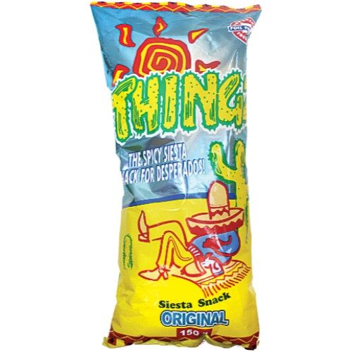 Willards Thingz 150g original flavor, a popular spicy Zimbabwean snack. "The spicy siesta snack for desperados!"